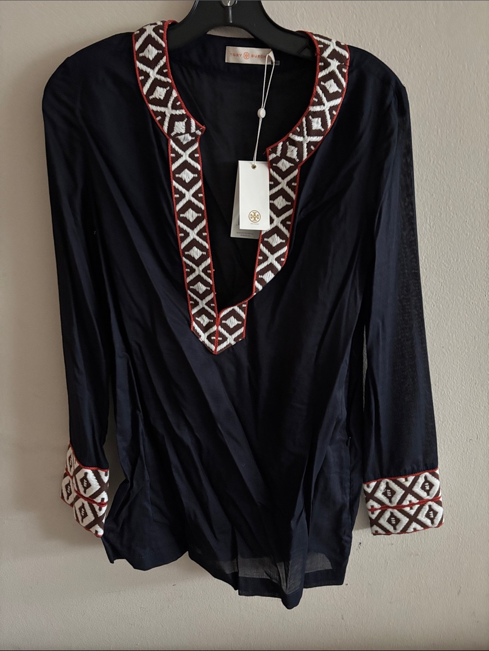 Tory Burch Navy Embroidered V-Neck Tunic with White and Burgundy Trim